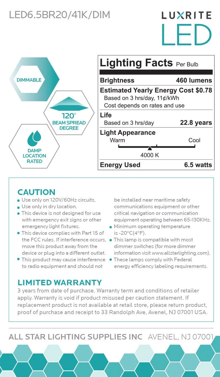 Luxrite LED BR20 Light Bulb, 6.5W, 460 Lumens, 4000K - Cool White, 80 CRI, Frosted White Finish, Dimmable (LR31843) - Cheap-Us