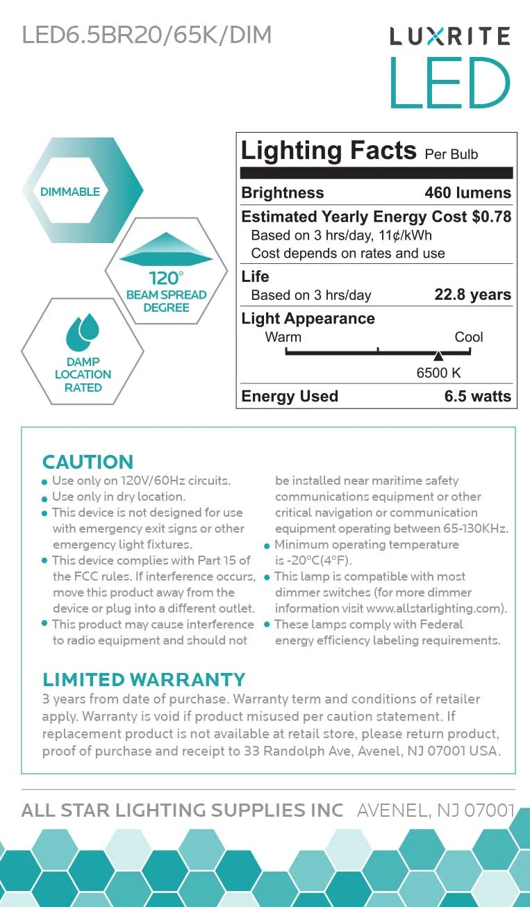 Luxrite LED BR20 Light Bulb, 6.5W, 460 Lumens, 6500K - Daylight, 80 CRI, Frosted White Finish, Dimmable, Pack of 8 (LR31845) - Cheap-Us