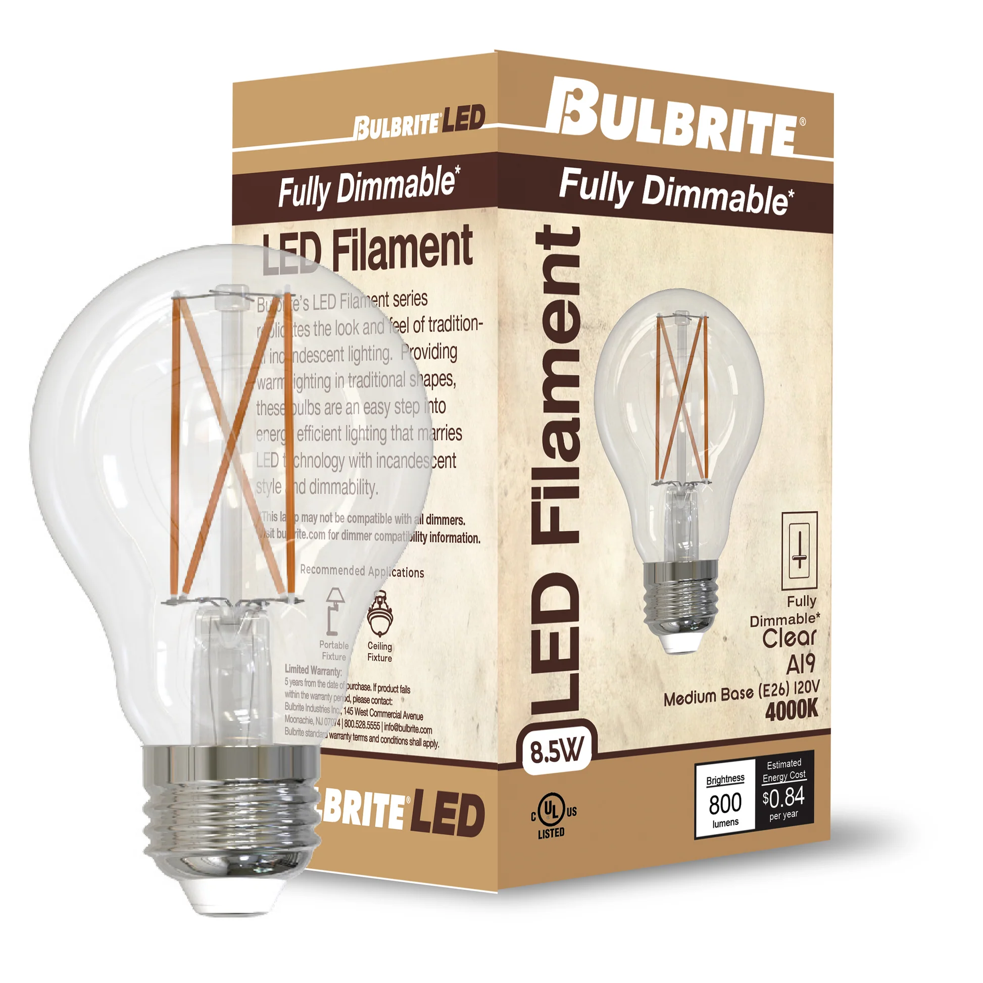 Bulbrite 8.5W LED A19 LIGHT BULB 4000K COOL WHITE FILAMENT, E26 MEDIUM SCREW BASE, DIMMABLE JA8 4PK - Cheap-Us