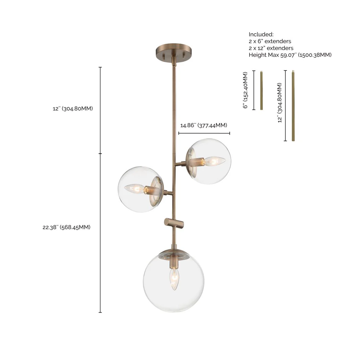 60-7124 SKY 3 LIGHT PENDANT Sky - 3 Light Pendant with Clear Glass - Burnished Brass Finish - Cheap-Us