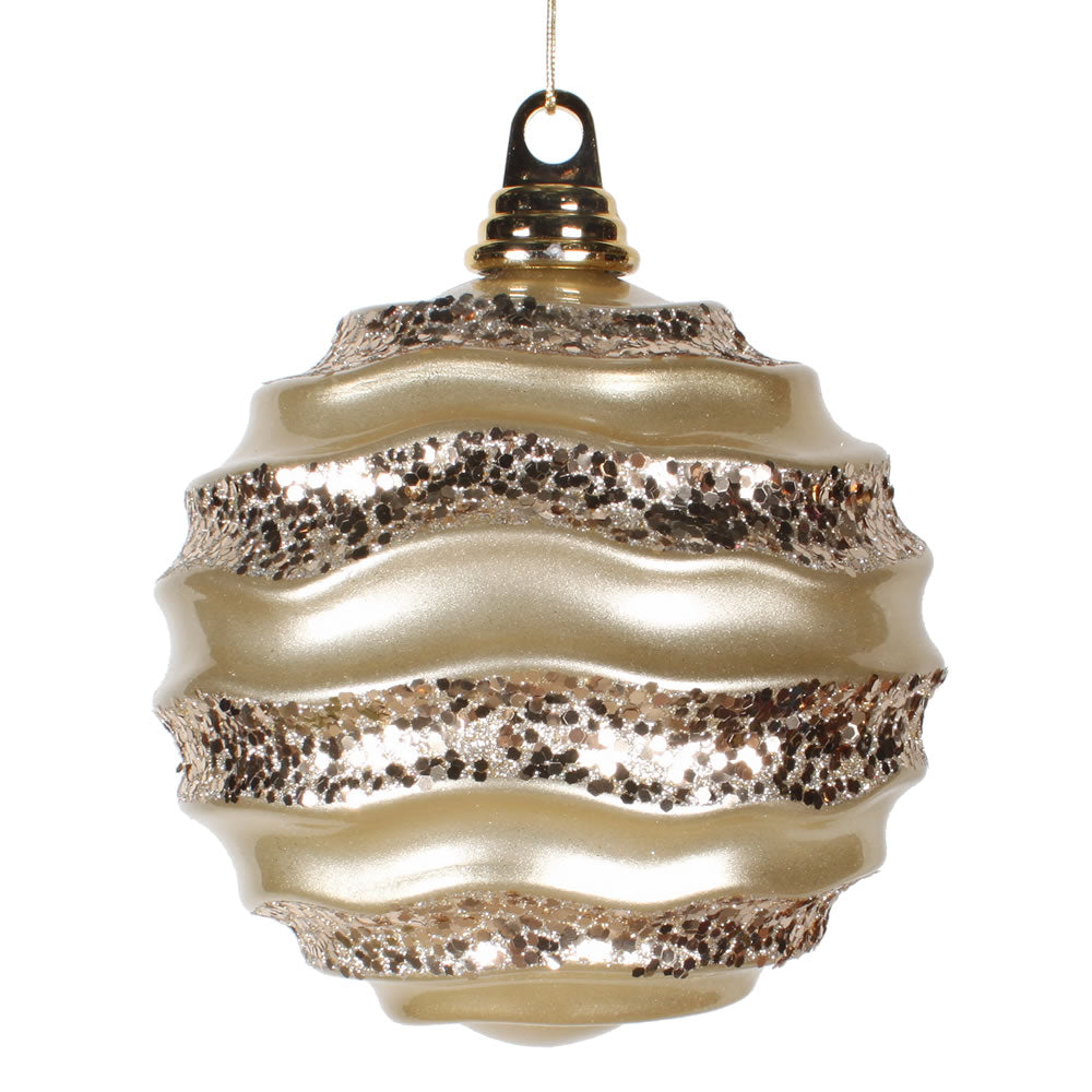 Vickerman 8' Champagne Stripe Candy Finish Wave Ball Christmas Ornament with Glitter Accents - Cheap-Us