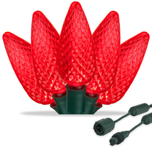 25-Light LED C9 Light Set; Red Bulbs on Green Wire, Approx. 16'6