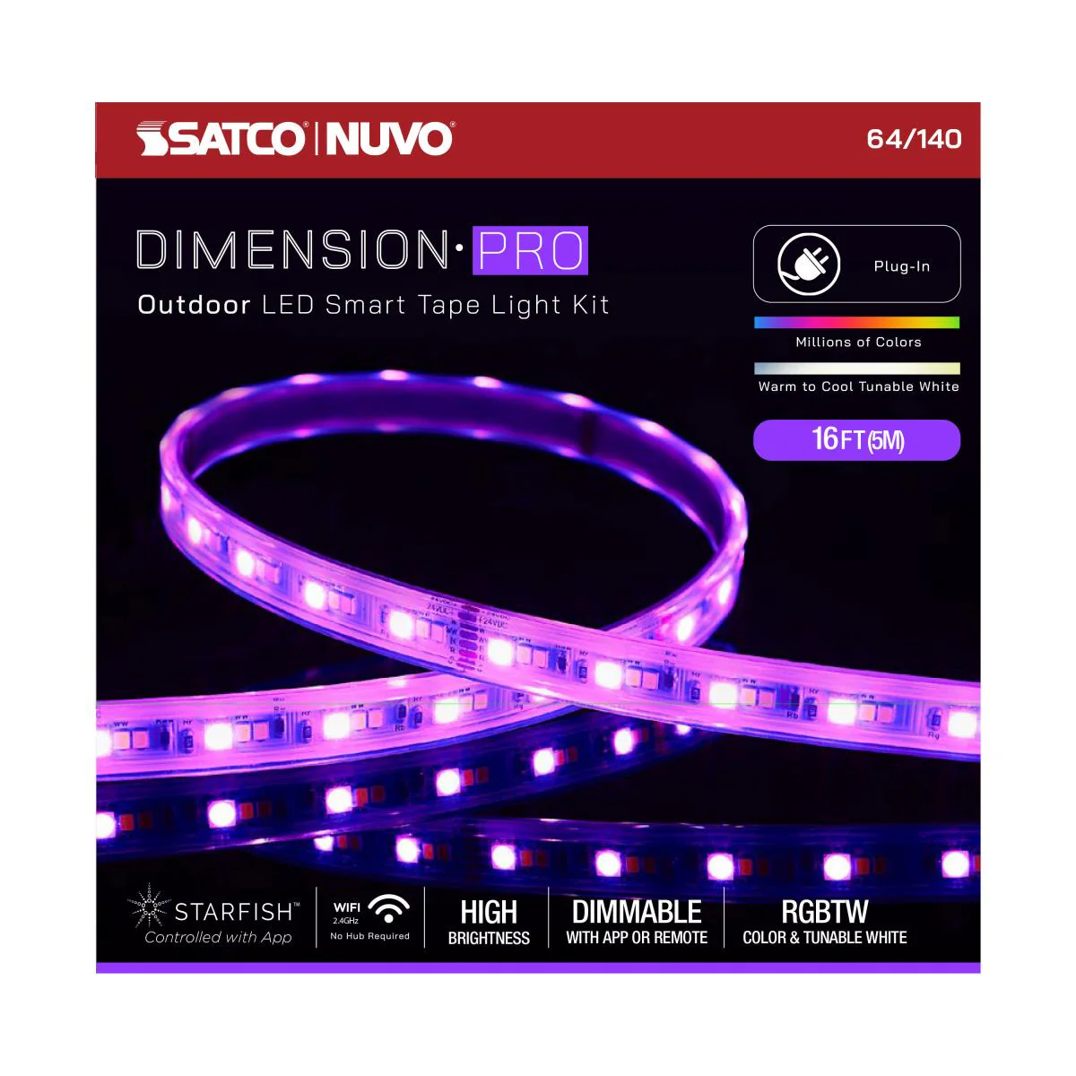 64-140 TAPE/RGBTW-HO/IP65/PLUG/SF/16' Dimension Pro; Tape light strip; 16 ft.; Hi-Output; RGB plus Tunable White; Plug connection; IP65; Starfish IOT Capable; RF Remote Included - Cheap-Us