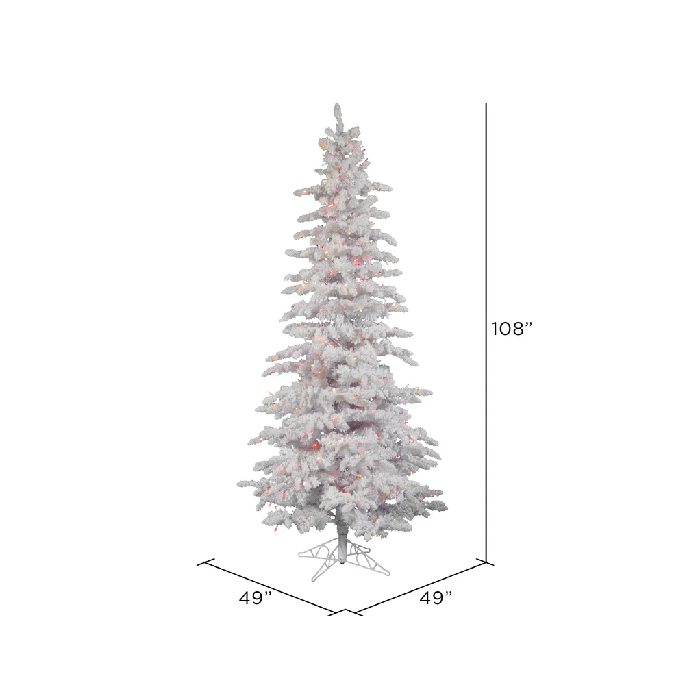 Vickerman 9' Flocked White Slim Artificial Christmas Tree Multi-Colored LED Lights - Cheap-Us