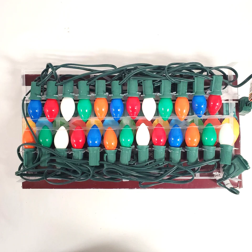 Multicolored Finish Christmas Light String Set, C7 Shape, 12 Foot, Candelabra Base, Green Wire, 25 String Light with 12