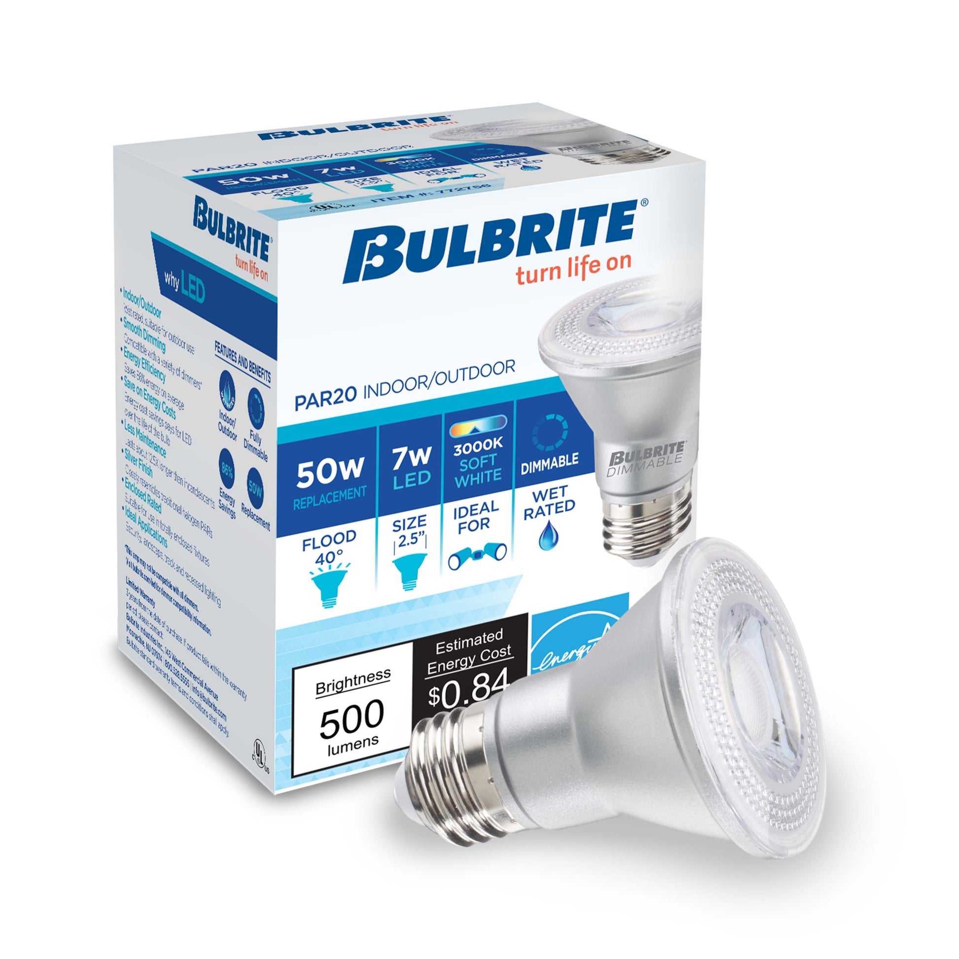 Bulbrite Pack of (6) 7 Watt Dimmable PAR20 Wet Rated Flood LED Light Bulbs with Medium (E26) Base Base, 3000K Soft White Light, 500 Lumens - Cheap-Us