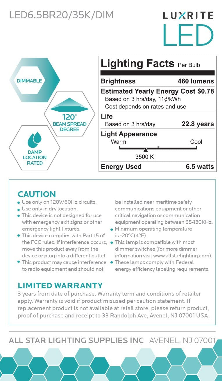 Luxrite LED BR20 Light Bulb, 6.5W, 460 Lumens, 3500K - Natural, 80 CRI, Frosted White Finish, Dimmable (LR31842) - Cheap-Us