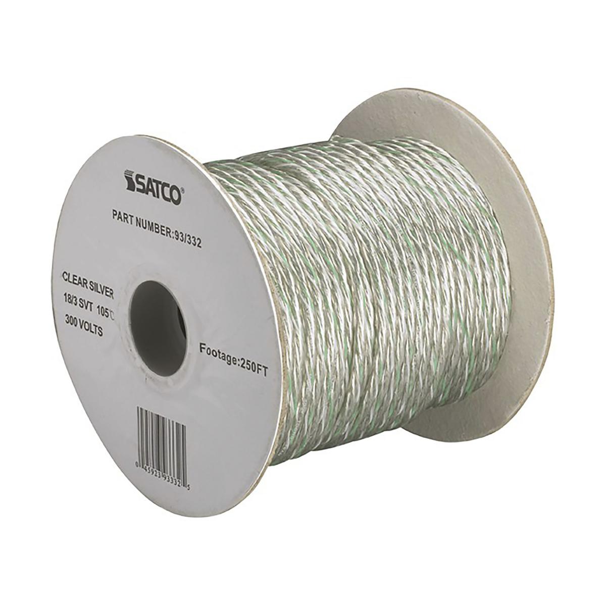 93-332 18/3 SVT SILVER W/SM. GRN LINE Pulley Bulk Wire; 18/3 SVT 105C Pulley Cord; 250 Foot/Spool; Clear Silver - Cheap-Us