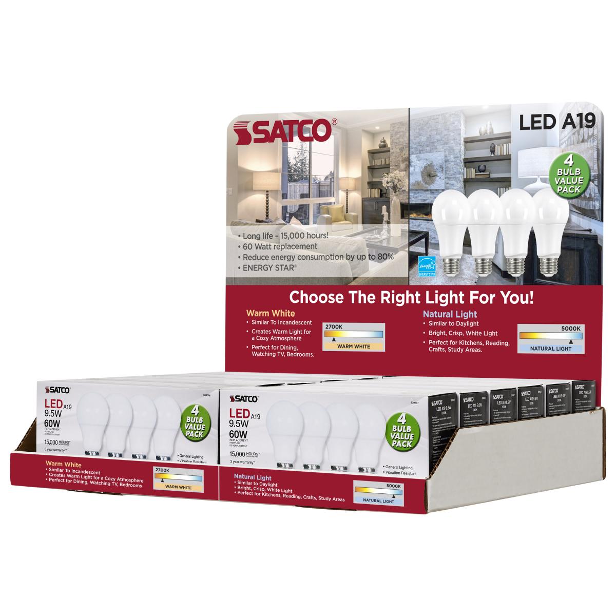 Satco Nuvo 36/48-PCS LED A19 Light Bulb Display Pack, Medium Base, 9-14Watts - 120 Volts - White/Frost Finish - Cheap-Us