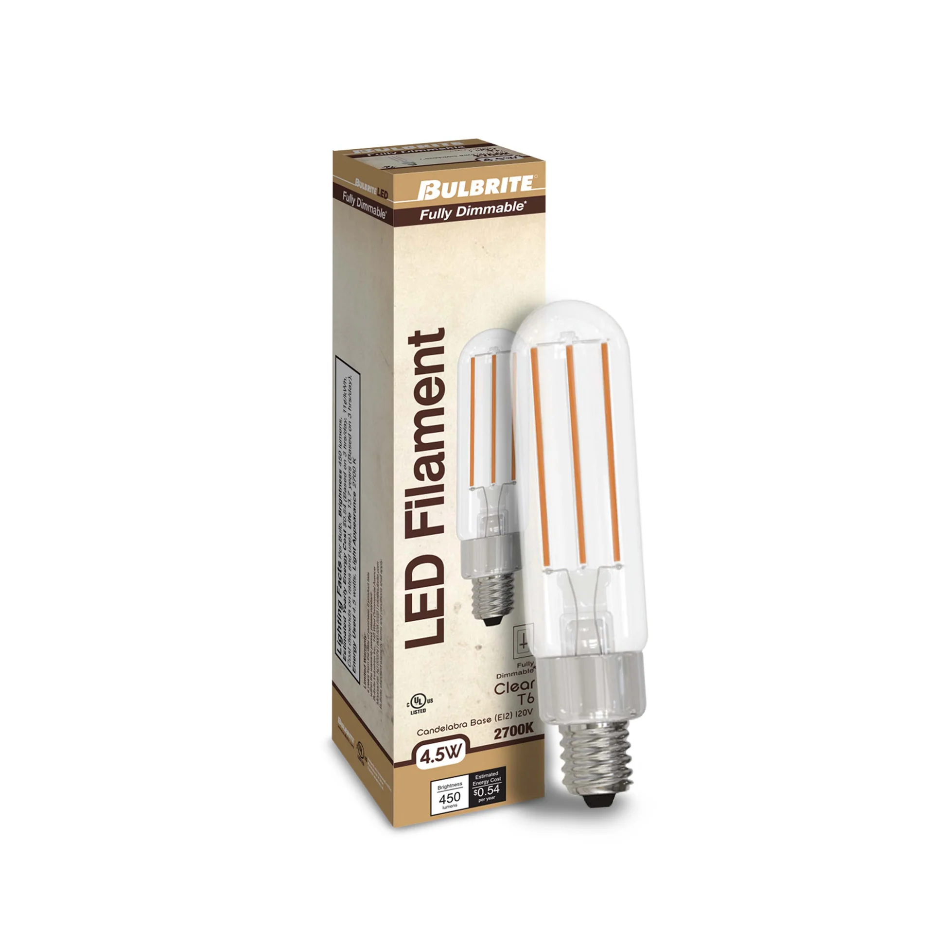 Bulbrite LED Filament Pack of (4) 4.5 Watt Dimmable T6 Light Bulb with Clear Glass Finish and Candelabra (E12) Base - 2700K (Warm White Light), 450 Lumens - Cheap-Us