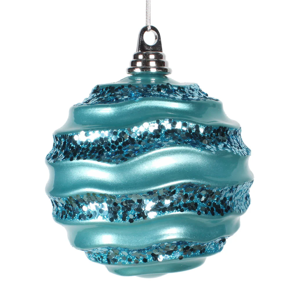 Vickerman 8' Turquoise Stripe Candy Finish Wave Ball Christmas Ornament with Glitter Accents - Cheap-Us