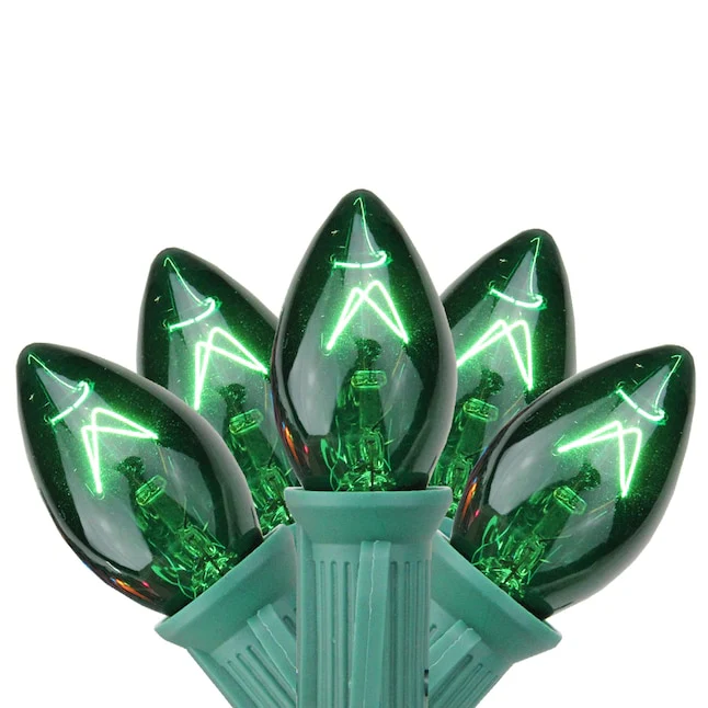 Transparent Green Finish Christmas Light String Set, C7 Shape, 12 Foot, Candelabra Base, Green Wire, 25 String Light with 12
