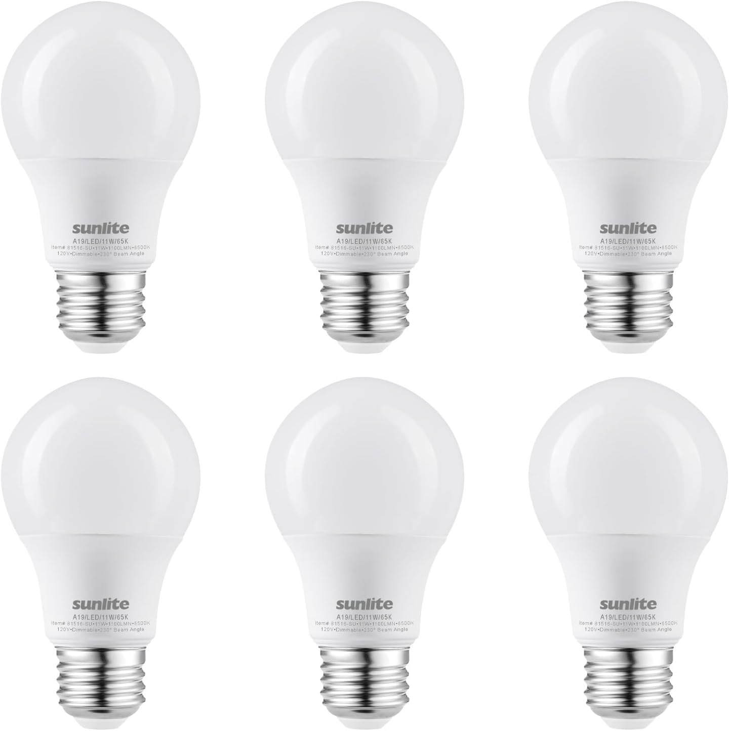 Sunlite LED A19 Light Bulb, 11 Watts (75W Equivalent), 1100 Lmns, 120V, Dimmable, Medium E26 Base, Energy Star, 90 CRI, 230 Degree Beam Angle, UL Listed, Title-20 Compliant, 6500K Daylight, 6 Pack - Cheap-Us