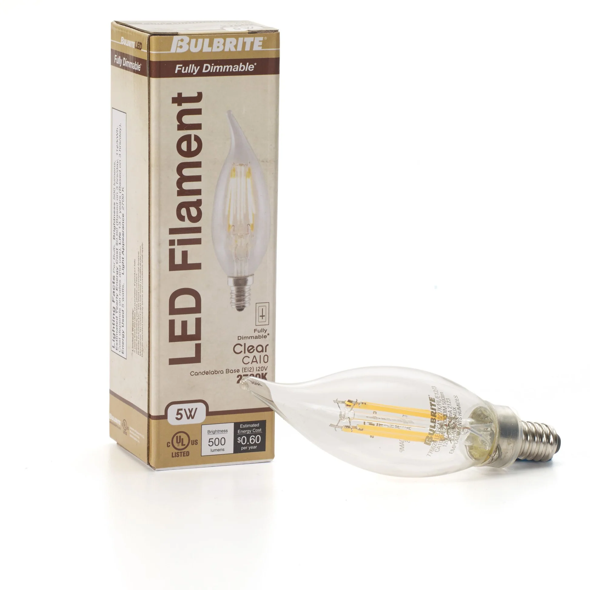 BULBRITE LED CA10 CANDELABRA SCREW (E12) 5W FULLY COMPATIBLE DIMMING FILAMENT LIGHT BULB 2700K/WARM WHITE 60W INCANDESCENT EQUIVALENT 4PK (776628) - Cheap-Us