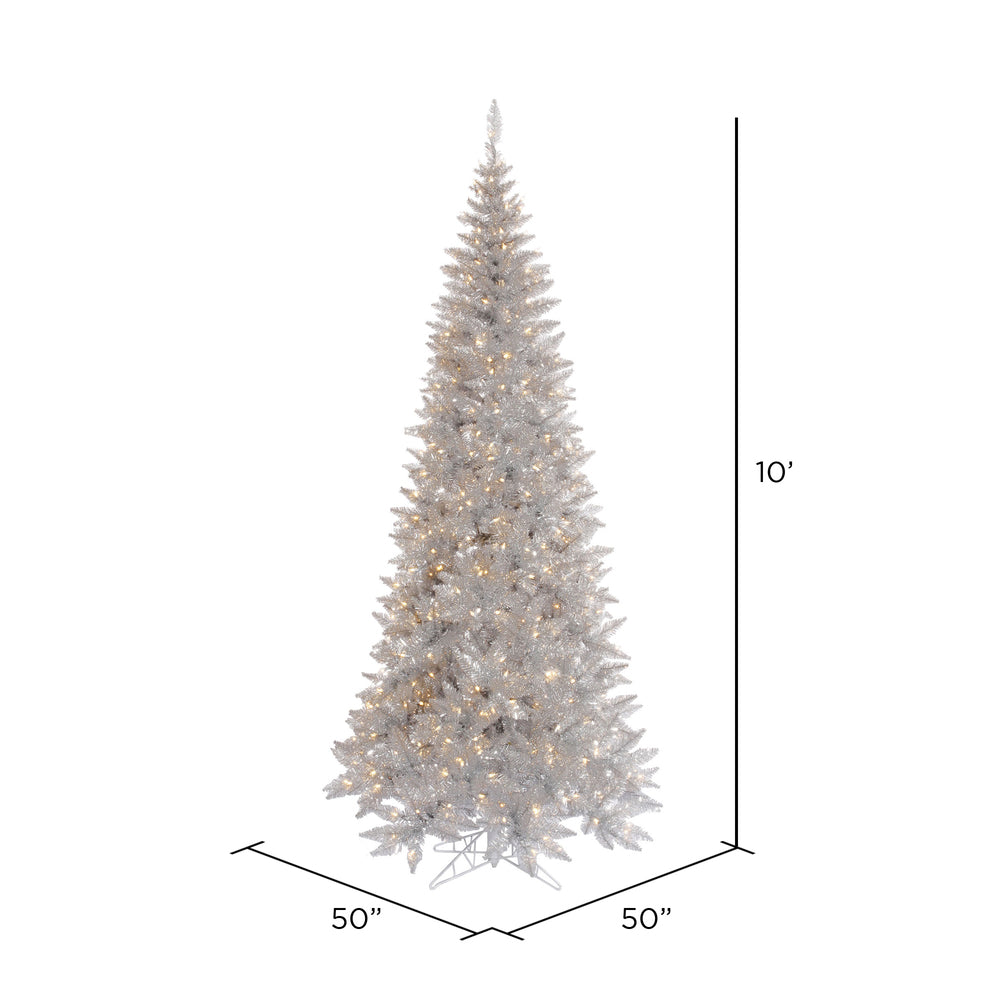 Vickerman 10' Silver Tinsel Fir Slim Artificial Christmas Tree Warm White Dura-lit LED Lights - Cheap-Us