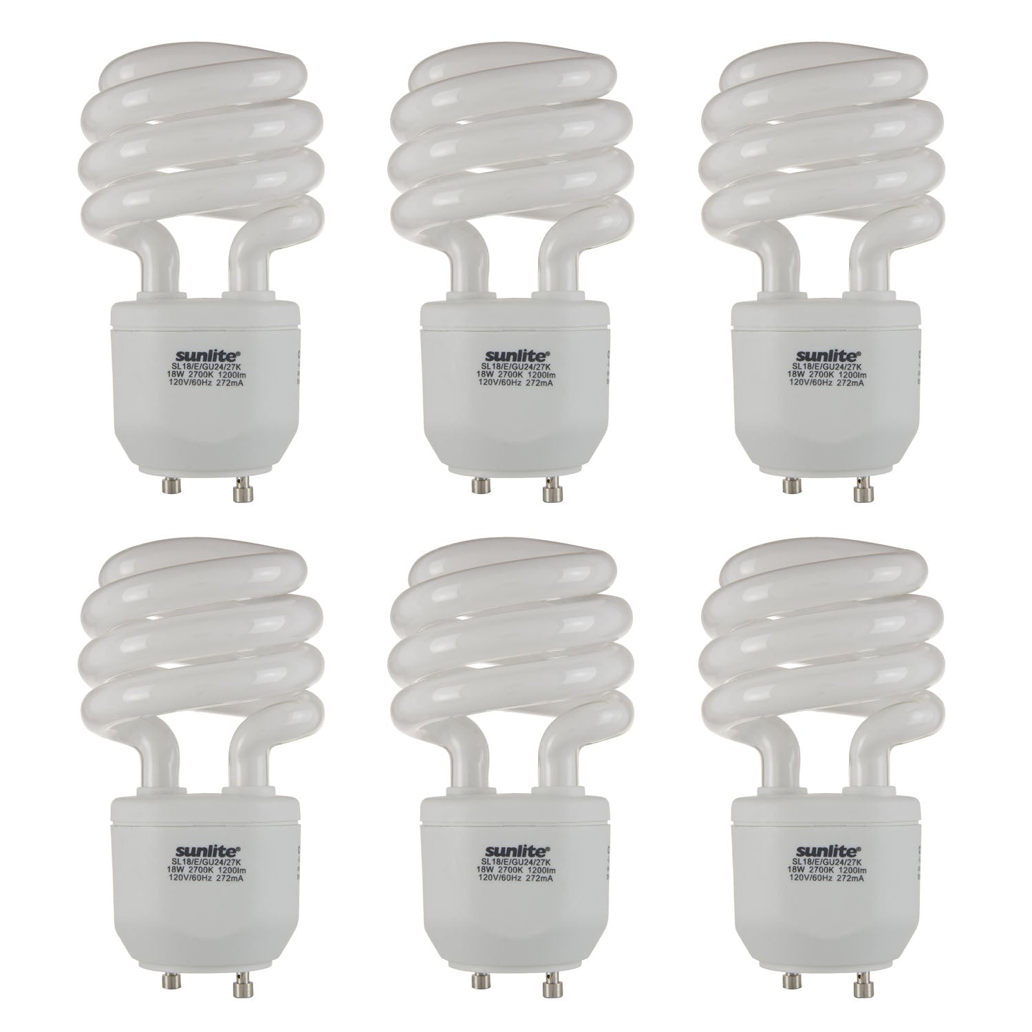 Sunlite Compact Fluorescent T2 Spiral, Standard Household Energy Saving CFL Light Bulb, 18 Watt, GU24 Base, 27K - Warm White, 6 Pack - Cheap-Us
