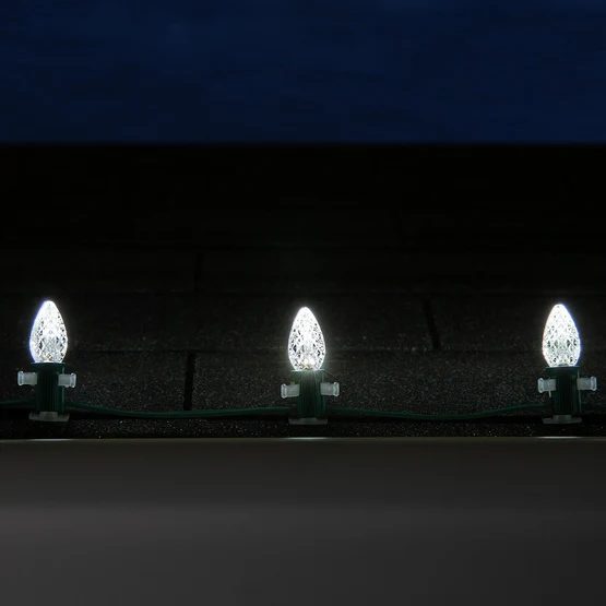 25 Light LED C7 Light Set Pure White Bulbs on Green Wire, Approx. 16'6