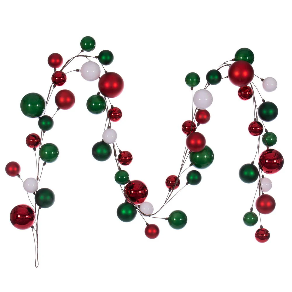 Vickerman 10' White Red And Green Assorted Finish Branch Ball Ornament Garland. - Cheap-Us