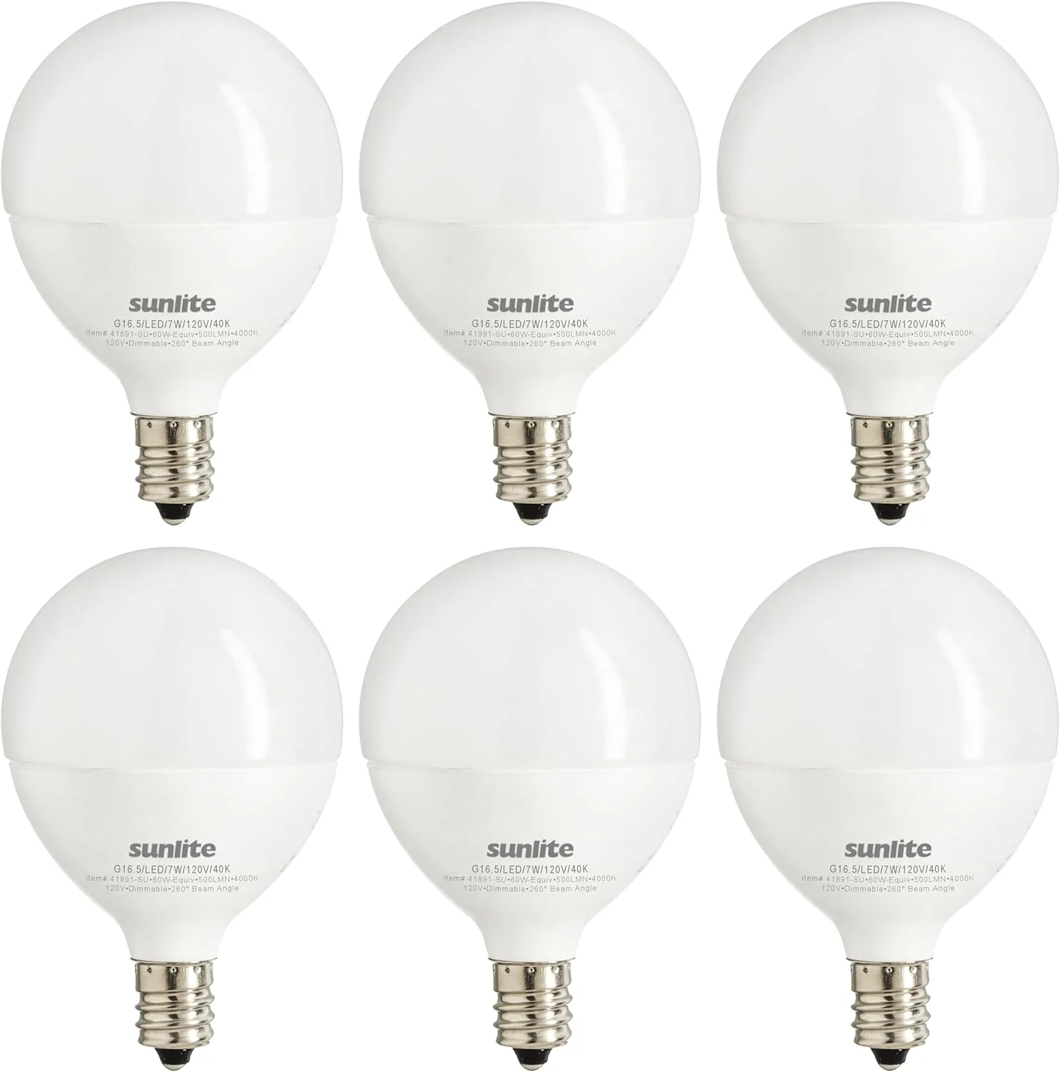 Sunlite LED G16.5 Frosted Globe Light Bulb, 7 Watts (60W Equivalent), 500 lumens, Dimmable, Candelabra Base (E12), 120 Volts, ETL Listed, 260 Degree Beam Angle, 4000K Cool White, 6 Pack - Cheap-Us