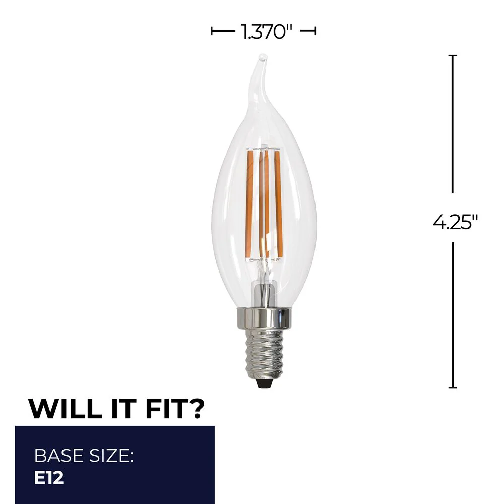 Bulbrite LED Filament Pack of (4) 6.5 Watt Dimmable CA10 Light Bulbs with a Clear Finish and Candelabra (E12) Base - 3000K (Soft White Light), 750 Lumens - Cheap-Us