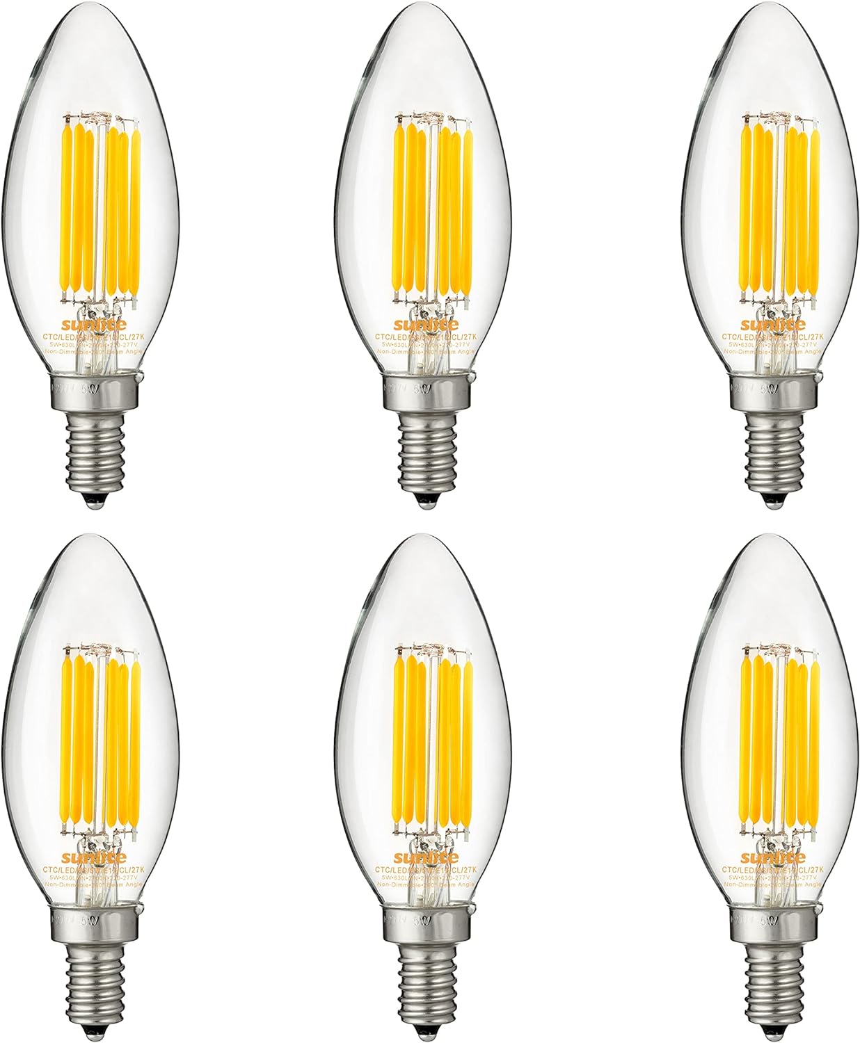 Sunlite 40302 LED Edison B11 Torpedo Tip Chandelier Light Bulb, 5 Watts (60W Equivalent), 630 Lumens, Candelabra E12 Base, Non-Dimmable Clear Glass Filament, 220-277 Volt, 2700K Warm White, 6 Count - Cheap-Us