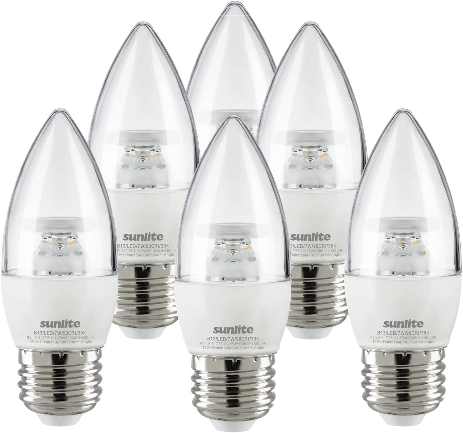 Sunlite LED Torpedo Tip B11 Chandelier Light Bulb, 7 Watts (60W Equivalent), 500 Lumens, Medium Base (E26), Dimmable, Energy Star, 3000K - Warm White, Clear 6 Pack - Cheap-Us