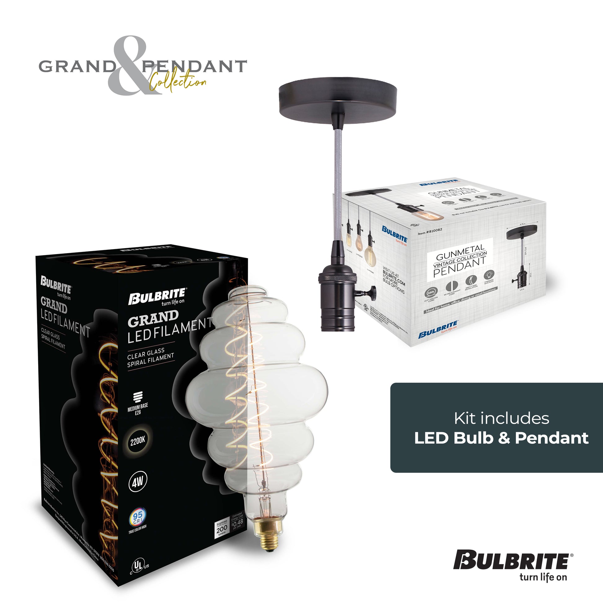 BULBRITE FIXTURES DIRECT WIRE PENDANT KIT VINTAGE GUNMETAL SOCKET WITH SILVER CORD AND LED BEEHIVE SHAPED MEDIUM SCREW (E26) 4W DIMMABLE GRAND NOSTALGIC FILAMENT LIGHT BULB 2200K/AMBER 60W INCANDESCENT EQUIVALENT 1PK (810082) - Cheap-Us