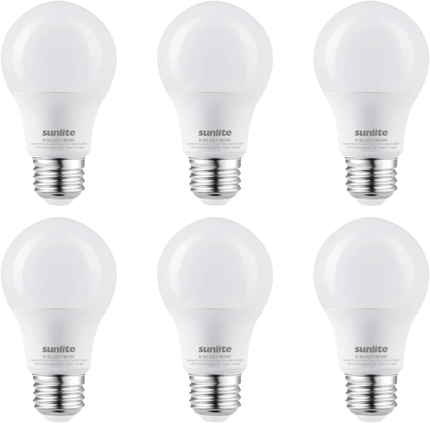 Sunlite LED A19 Light Bulb, 11 Watts (75W Equivalent), 1100 Lmns, 120V, Dimmable, Medium E26 Base, Energy Star, 90 CRI, 230 Degree Beam Angle, UL Listed, Title-20 Compliant, 5000K Daylight, 6 Pack - Cheap-Us
