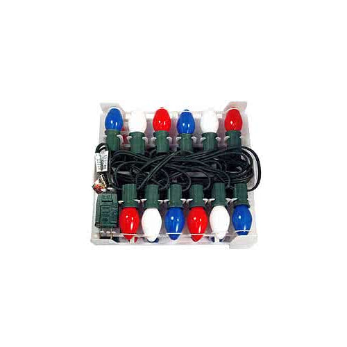 Red, White and Blue Finish Christmas Light String Set, C7 Shape, 12 Foot, Candelabra Base, Green Wire, 25 String Light with 12
