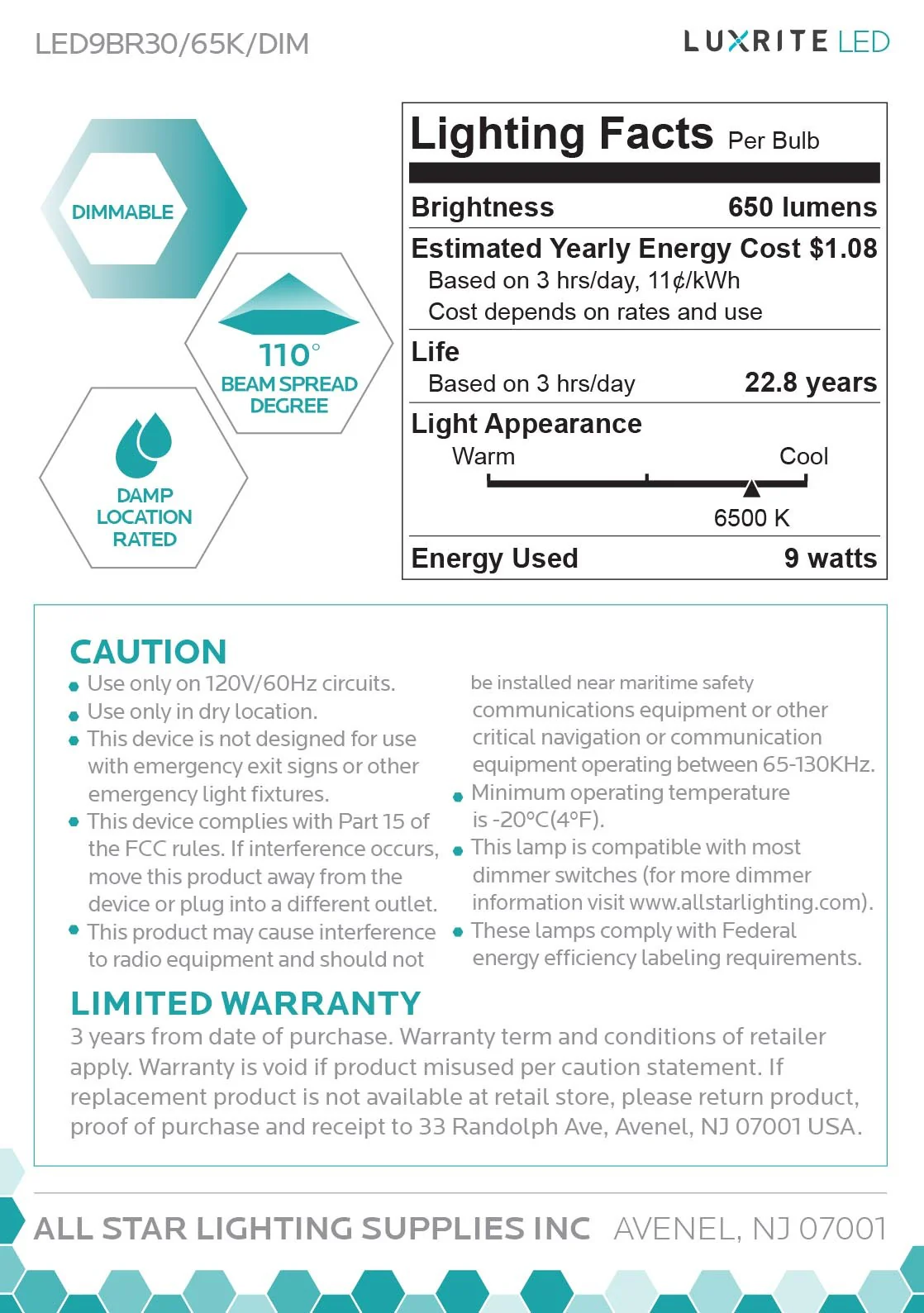 Luxrite LED BR30 Reflector Light Bulb, 9W, 650 Lumens, 6500K - Daylight, 80 CRI, Frosted White Finish, Dimmable, Pack of 7 (LR31855) - Cheap-Us