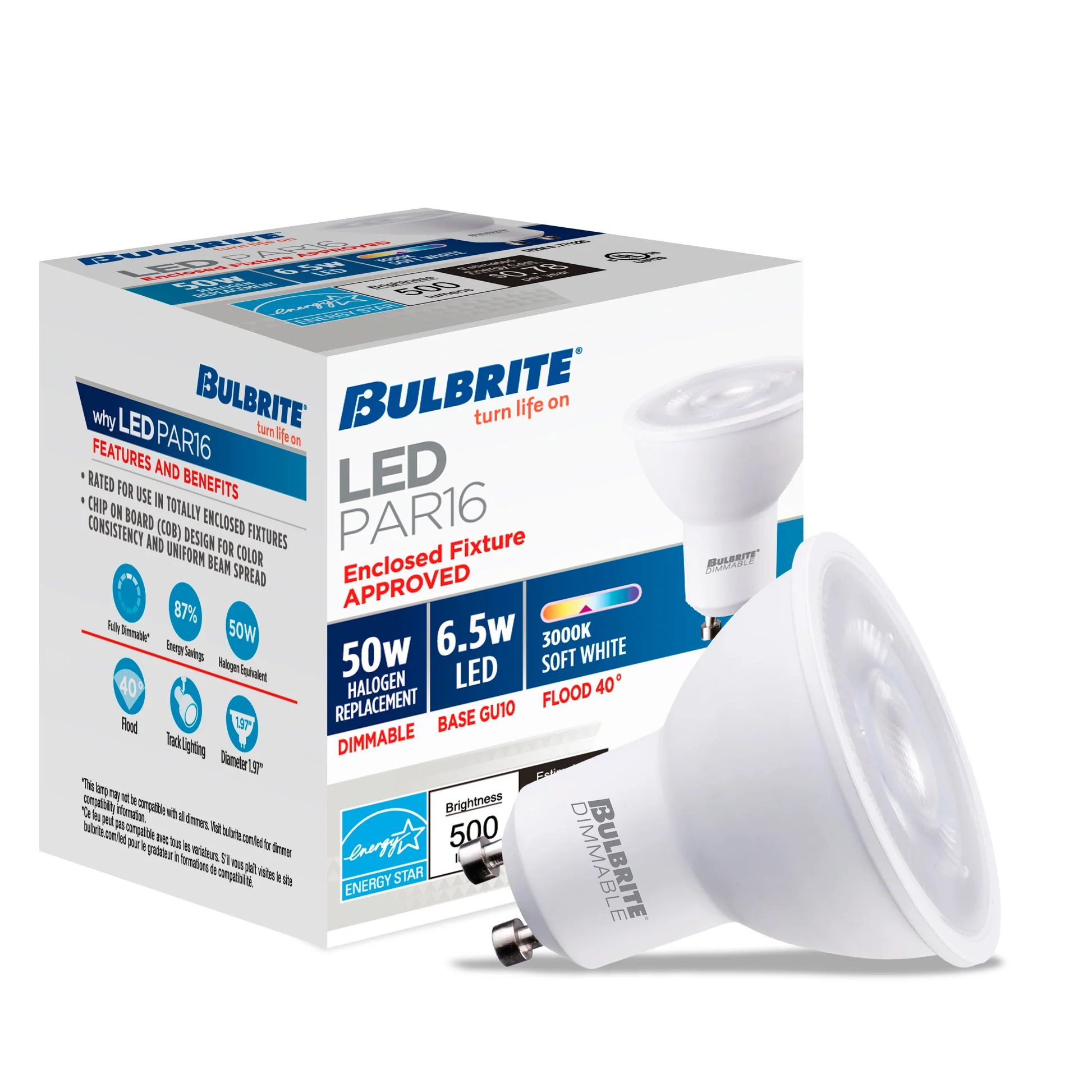 BULBRITE 6.5W LED PAR16 GU10 3000K FLOOD DIMMABLE 80CRI 120V-4PK - Cheap-Us