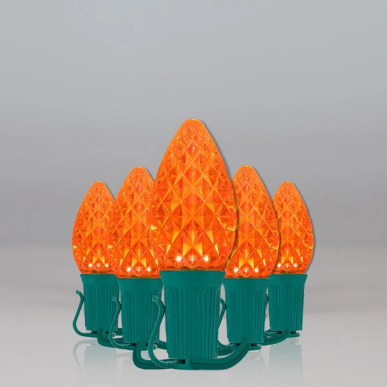 25 Light LED C7 Light Set Orange Bulbs on Green Wire, Approx. 16'6