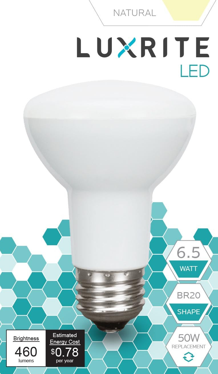 Luxrite LED BR20 Light Bulb, 6.5W, 460 Lumens, 3500K - Natural, 80 CRI, Frosted White Finish, Dimmable, Pack of 8 (LR31842) - Cheap-Us