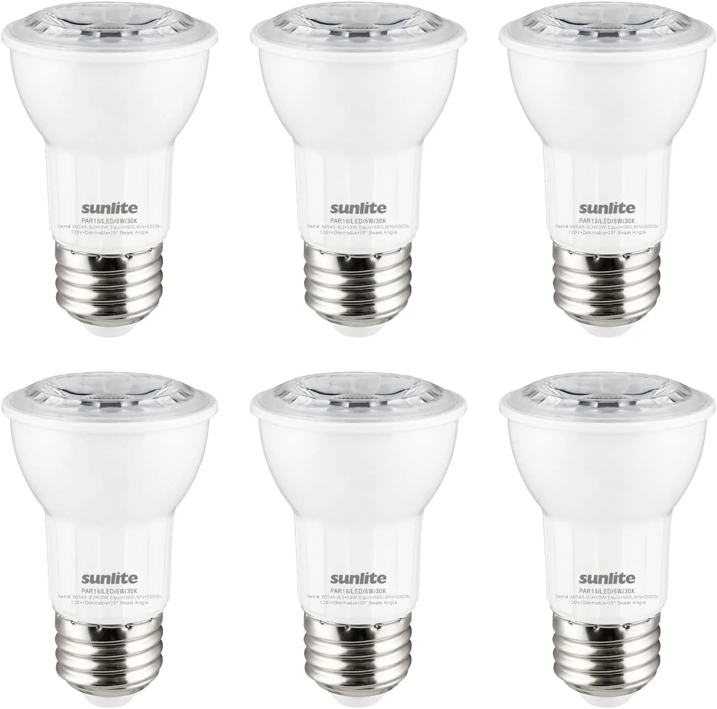 Sunlite LED PAR16 Reflector Light Bulb, 6 Watts (50W=), 500 Lumens, Medium E26 Base, Dimmable, Floodlight, 90 CRI, Energy Star, ETL Listed, Title-20 Compliant, 6 Count, 2700K Soft White - Cheap-Us