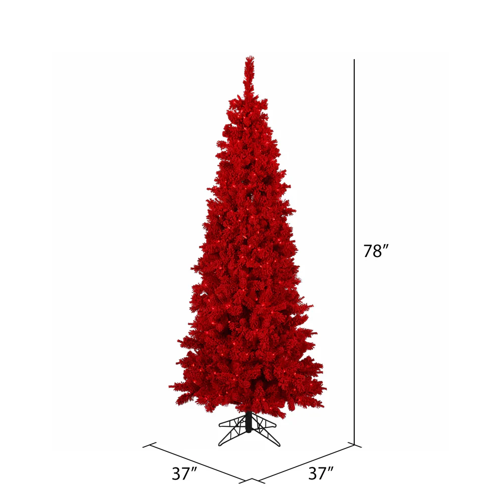 Vickerman 6.5' Flocked Red Slim Fir Artificial Christmas Tree Red Dura-lit LED Lights - Cheap-Us