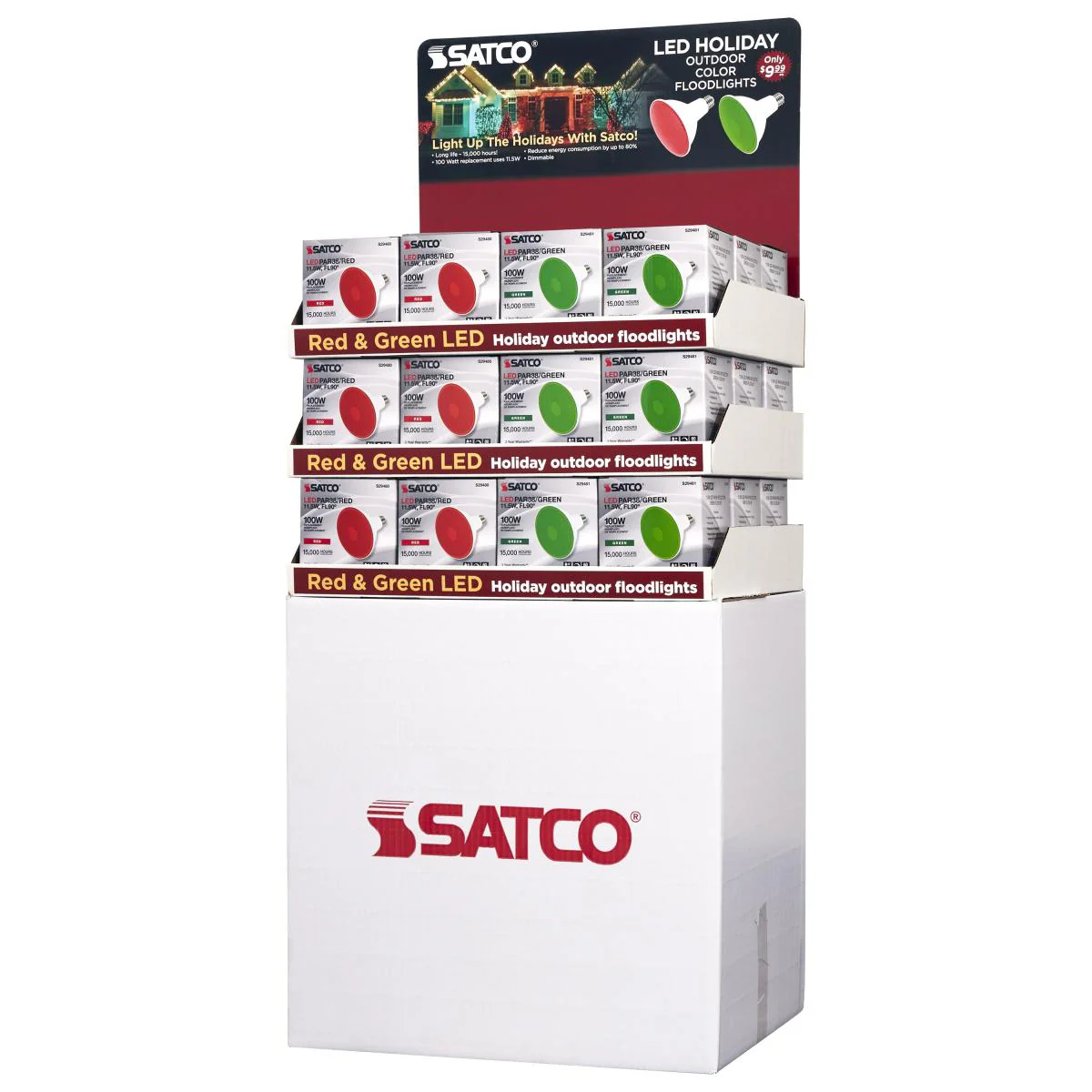D2111 18PC S29480 & 18PC S29481 Display Unit Containing 36 total pieces; 18 pieces of S29480 11.5 Watt PAR38 LED in Red; 18 pieces of S29481 11.5 Watt PAR38 LED in Green - Cheap-Us