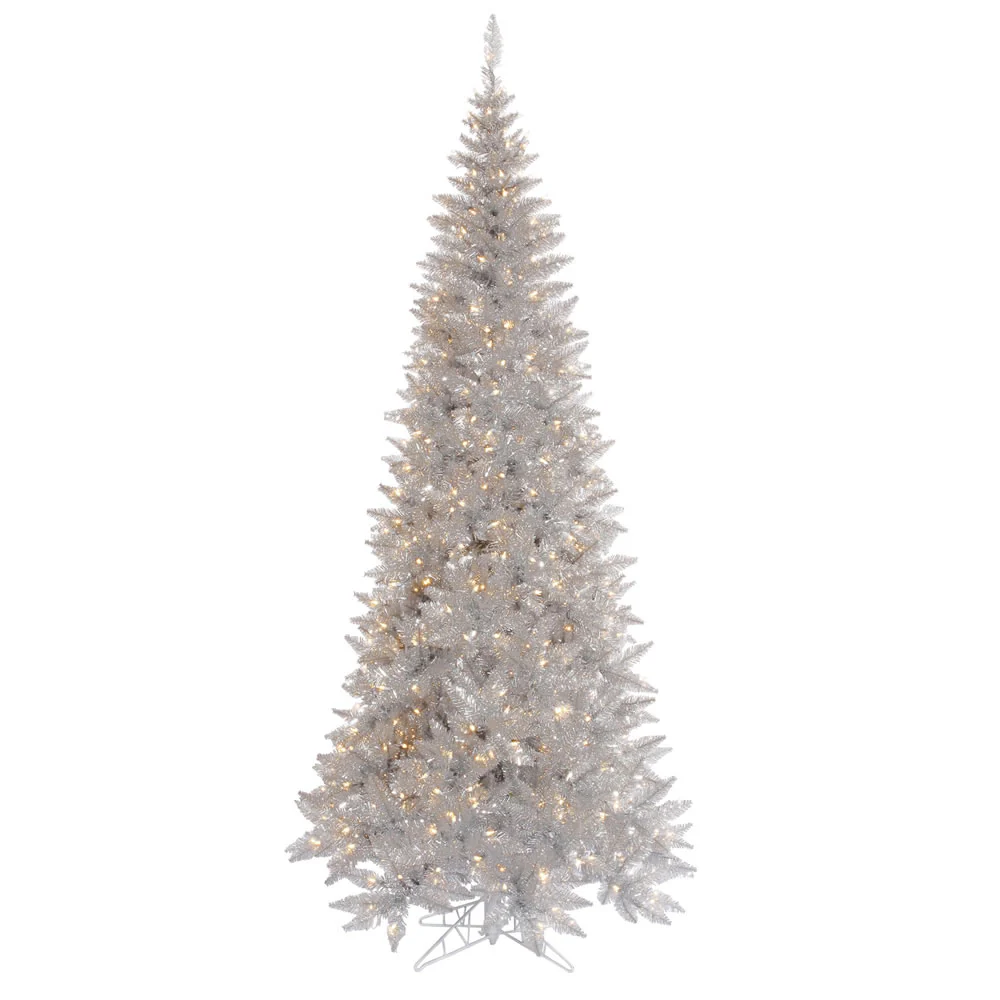 Vickerman 7.5' Silver Tinsel Fir Slim Artificial Christmas Tree with Warm White Dura-lit LED Lights - Cheap-Us