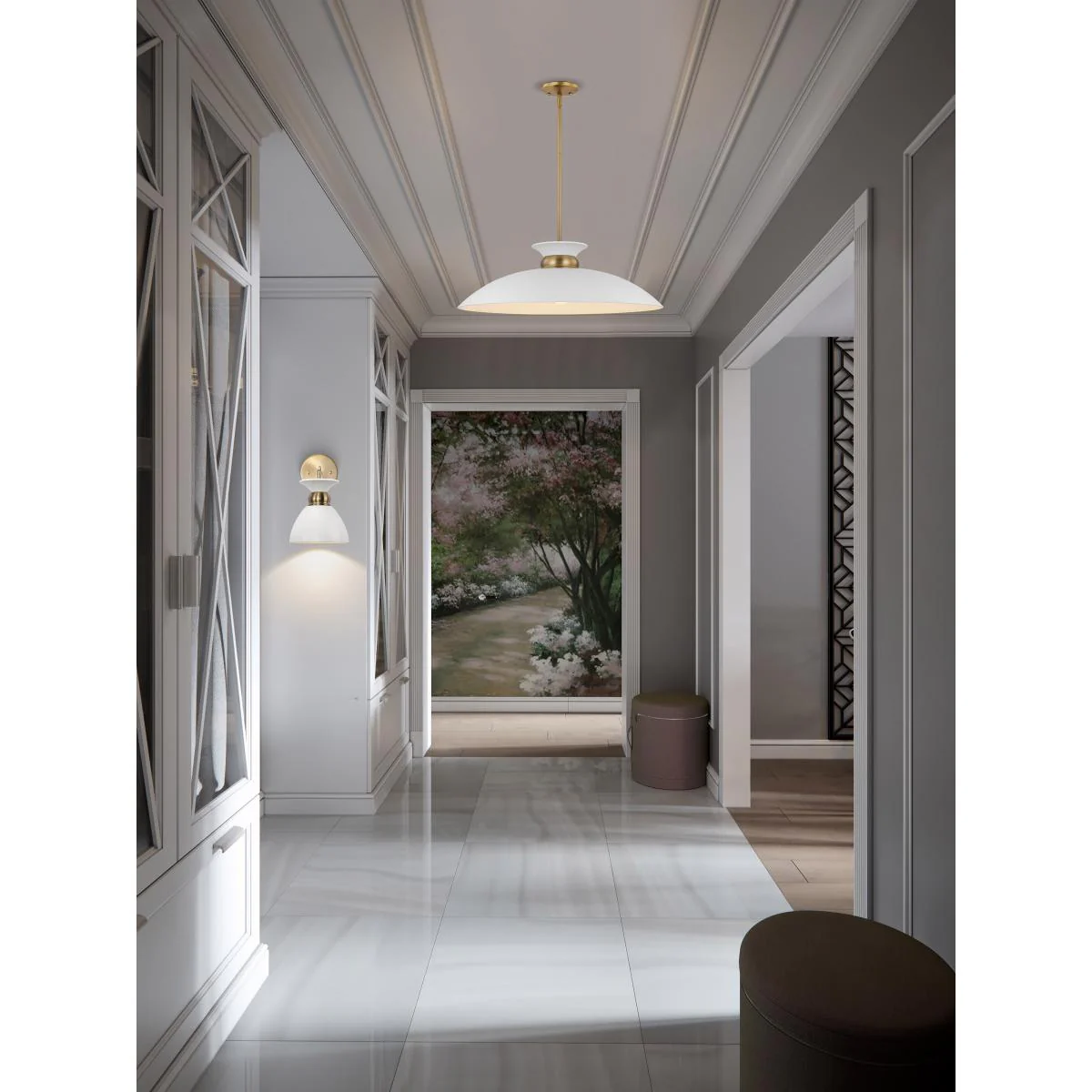 60-7465 PERKINS 1 LT LARGE PENDANT Perkins; 1 Light; Large Pendant; Matte White with Burnished Brass - Cheap-Us