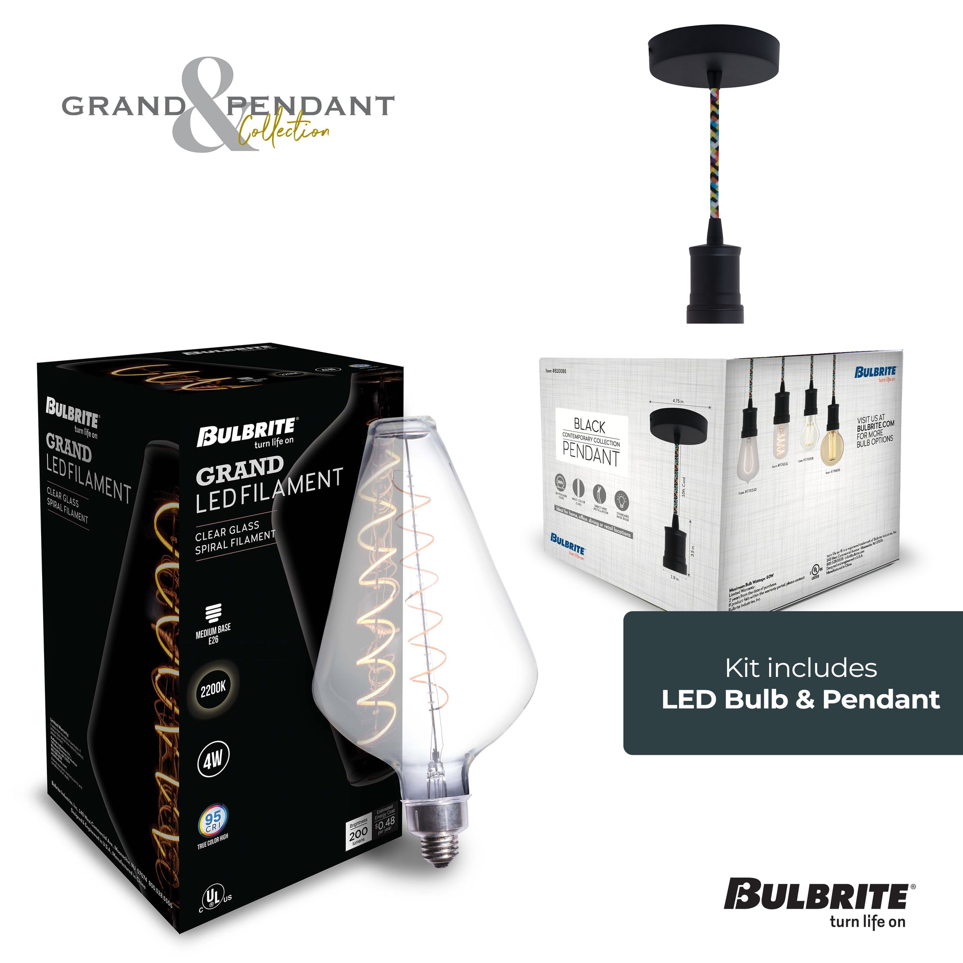 Bulbrite LED Grand Bulb and Pendant Kit of (1) 4 Watt Clear Glass 15