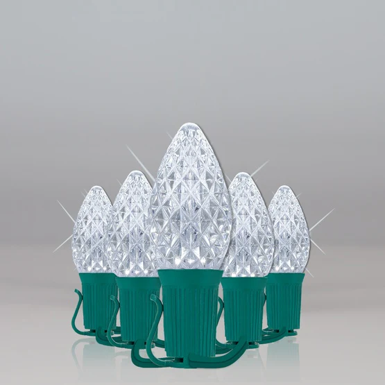 25 Light LED C7 Light Set Pure White Bulbs on Green Wire, Approx. 16'6