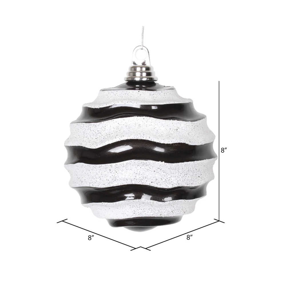 Vickerman 8' Black and White Stripe Candy Finish Wave Ball Christmas Ornament with Glitter Accents - Cheap-Us