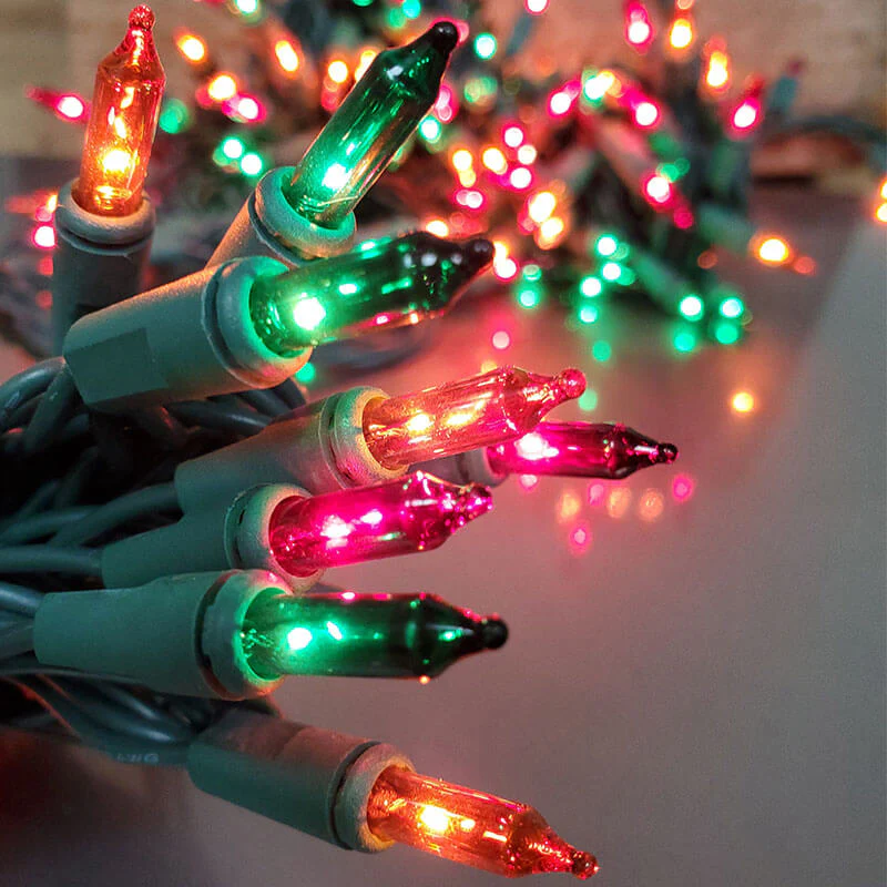 Multi-Colored Christmas Tree Mini Lights, 100 Lights, T1 3/4 Shaped, 21 Foot, Green Wire, Steady Burning and Flashing - Cheap-Us