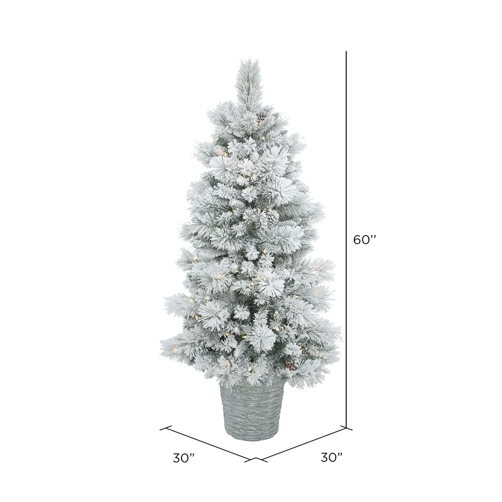 Vickerman 5' Potted Flocked Ashton Pine Artificial Christmas Tree with 150 Clear Lights - Cheap-Us