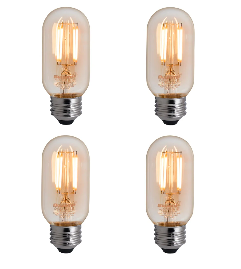 BULBRITE LED T14 MEDIUM SCREW (E26) 4W DIMMABLE FILAMENT LIGHT BULB 2200K/AMBER 40W INCANDESCENT EQUIVALENT 4PK (776605) - Cheap-Us