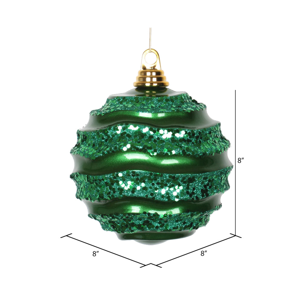 Vickerman 8' Green Stripe Candy Finish Wave Ball Christmas Ornament with Glitter Accents - Cheap-Us