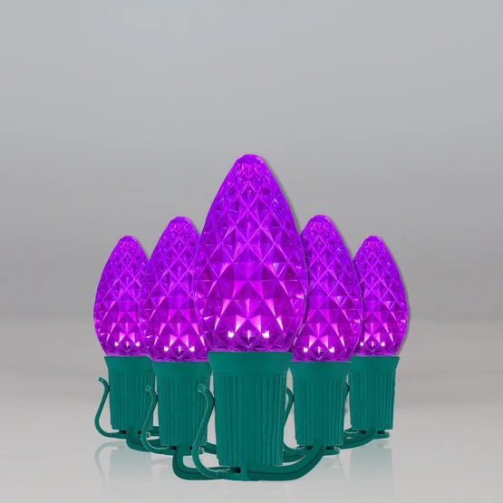 25 Light LED C7 Light Set Purple Bulbs on Green Wire, Approx. 16'6