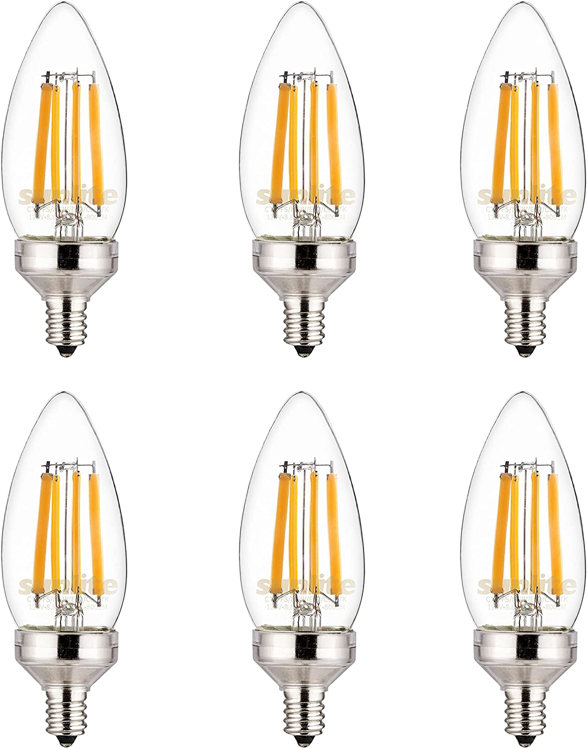 Sunlite 81337 LED Edison B11 Torpedo Tip Chandelier Light Bulb, 8.8 Watts (75 W Equivalent), 800 Lumens, Candelabra E12 Base, Dimmable, UL Listed, Title 20 Compliant, 90 CRI, 3000K Warm White, Pack of 6 - Cheap-Us