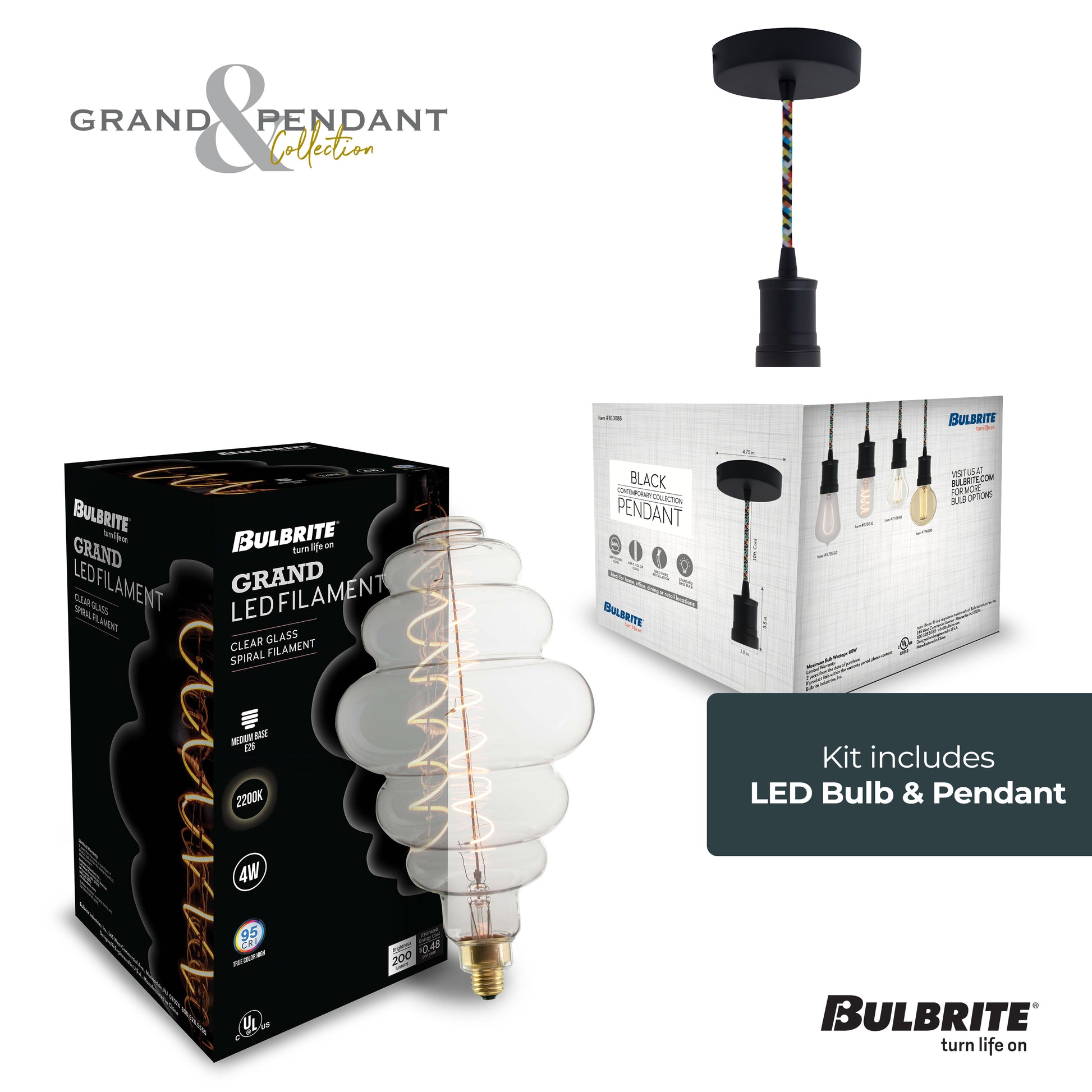 Bulbrite LED Grand Bulb and Pendant Kit of (1) 4 Watt Clear Glass 15