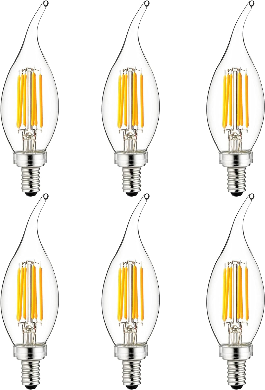Sunlite LED Filament CA11 Flame Tip Chandelier Light Bulb, 5 Watts  (60W Equivalent), 600 Lumens, Candelabra Base (E12), Edison style, Dimmable, ETL Listed, 2700K - Warm White, 6 Pack - Cheap-Us