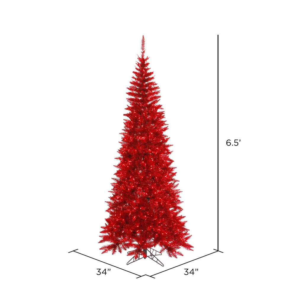 Vickerman 6.5' Tinsel Red Fir Slim Artificial Christmas Tree Red  Dura-lit LED Lights - Cheap-Us